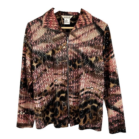 Misook Jacket Size Small Zip Front Animal Print Shiny Collar Artsy Exclusively - Picture 2 of 8